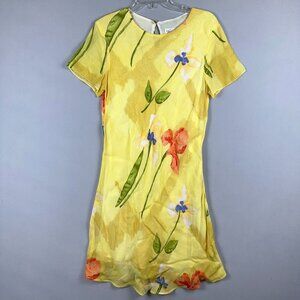 Tessuto Floral Shift Dress Women Size L Knitted Cap Sleeves Back Key Hole Yellow